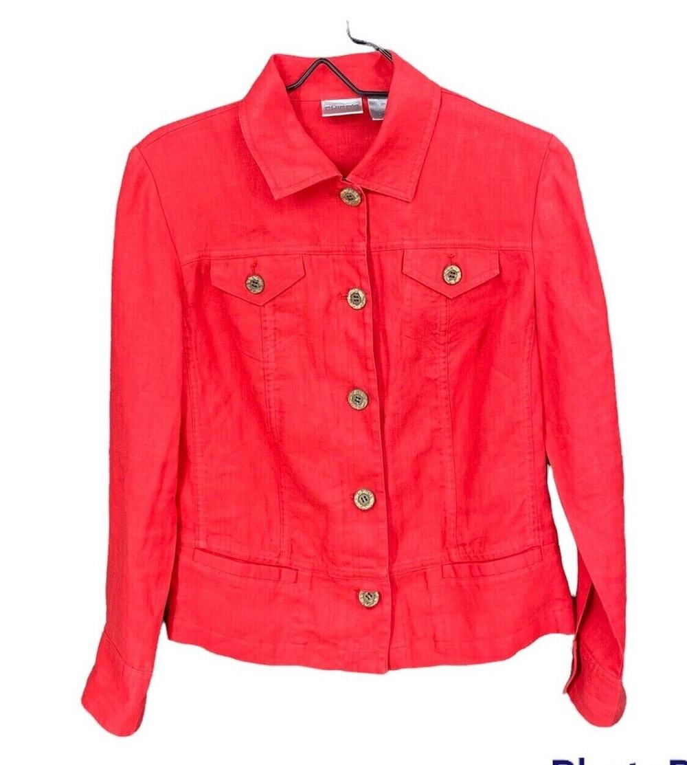 Chico’s Women’s Button Down Collared Jacket Size 0/M/4 Red 100% Linen Shacket